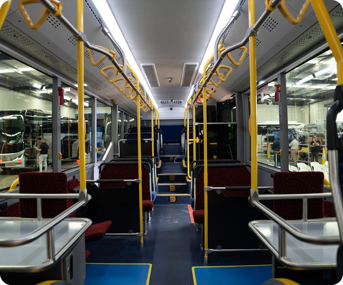 The interior of a Yutong E12, showing seat layout